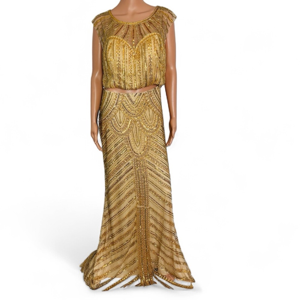 New THE COOL COLLECTION Gold Sequin Beaded 2 Piece Gown Size 20